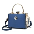 Navy blue patent leather box clutch with gold handle and sparkling gemstone clasp - 18*11*13 / Blue Patent Leather