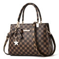 Brown and black checkerboard handbag with bow charm and golden hardware details - Coffee Plaid