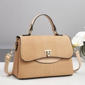 Elegant beige woven crossbody bag with golden clasp and floral decor in studio setting - Light Khaki / L25 W11 H17