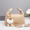 Beige woven texture handbag with cute plush charm and adjustable shoulder strap - Khaki