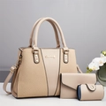 Three-piece beige handbag set featuring faux leather and woven texture with gold hardware - Khaki