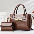 Dark brown large crocodile pattern tote bag and matching chain flap handbag set - Coffee