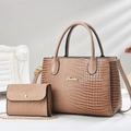 Minimalist beige lizard pattern tote bag and gold chain pouch set for women's business style - Khaki