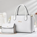 Detail of white lizard embossed leather tote set with gold logo and chain strap - White
