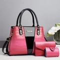 Three-piece set featuring faux crocodile pattern shoulder bag and matching purses in pink - Pink