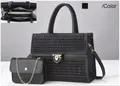 Black woven textured tote bag set with mini pouch and interior compartment view - Black