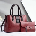 Three-piece burgundy faux leather tote set with shoulder bag and small card holder - Red