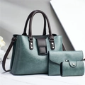 Three-piece retro textured tote bag set with shoulder strap and contrast handles - Green