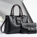 Retro textured 3-piece tote bag set with crossbody pouch and wallet in black synthetic leather - Black