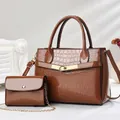 Brown crocodile embossed tote bag set with matching chain crossbody bag in glossy finish - Khaki/Earth Yellow