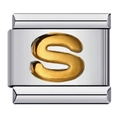 Macro view of modular silver stainless steel Italian charm with gold letter S link - Alphabet Letter-S / 5 Pieces/Pack
