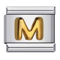 Close-up of stainless steel Italian charm link with a golden letter M detail - Alphabet Letter-M / 5 Pieces/Pack