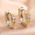 Elegant two-tone cross hoop earrings with white zircon stones on champagne satin fabric - Two-Tone Gold Silver Zirconia Hoop Earrings (ZPE91C)