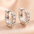 Silver criss-cross huggie hoop earrings with sparkling cubic zirconia on champagne silk - Silver Zirconia Hoop Earrings (ZPE91B)