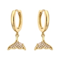 Gold hoop earrings featuring a fisheye pendant with pavé cubic zirconia accents - Gold Fish Tail Pendant Ear Buckle (EP5402)