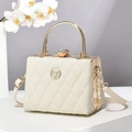 Quilted cream box clutch bag with gold handle and sparkling crystal lock detail - 18*11*13 / Quilted Cream