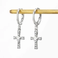Mini geometric silver hoop earrings featuring a zircon-encrusted cross and star charm - Silver Cross Star Pendant Earring (EP5198)