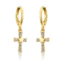 Gold hoop earrings featuring a zircon-studded cross pendant with star detail - Gold Cross Star Pendant Earring (EP5198)