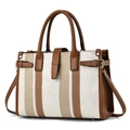 Grande borsa tote in tela a righe con finiture in pelle marrone e tracolla regolabile - Cachi