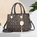 Deep brown plaid shoulder bag with daisy print on white geometric stand - Z-Pattern Coffee