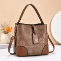 Sac seau vintage marron avec imprimé lettres et bandoulière réglable pour femmes - Monogramme Kaki