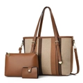 Detailed set of brown striped canvas tote with matching leather clutch and small purse - Earthy Yellow