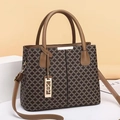 Women's brown geometric grid handbag with leather handles and gold metal charm - Khaki