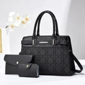 Detailed view of black 3-piece bag set with crocodile texture and geometric quilting - Black