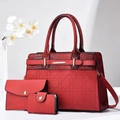 Three-piece red PU leather handbag set with crocodile texture and quilted rhombic pattern - Red
