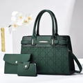 Détails de l'ensemble de sacs en cuir vert foncé avec surpiqûres géométriques et finitions dorées - Vert