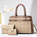 Three-piece beige PU leather bag set featuring tote with classic quilted texture and croc trim - Beige