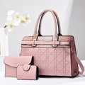 Pink 3-piece tote bag set with crocodile texture accents and gold metal bar detail - Pink