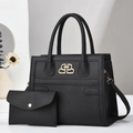 Bolso tote de cuero negro con grano de lichi, cierre dorado y estuche a juego - Negro