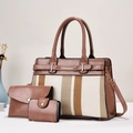 Three-piece brown contrast striped tote bag set with matching clutch and card holder - Pink