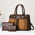 Three-piece set featuring large tote with color-block stripes and matching pouches - Coffee