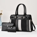 Three-piece women's tote set in black faux leather with stylish striped fabric contrast - Black