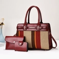 Three-piece set featuring large handbag with striped canvas and burgundy leather detail - Wine Red