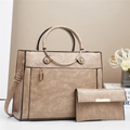 Elegant beige PU leather handbag set with matching wallet and golden hardware details - Khaki