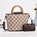 Detail view of plaid tote bag set with acrylic handles and matching mini pouch - Beige Brown Star Checkerboard (Style 7)