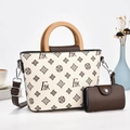 Detail of checkered tote bag and small pouch set with faux wood handles and silver hardware - Beige FAK Vintage Print (Style 5)