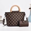 Macro detail of checkered tote bag and clutch set with wooden handles and logo prints - Dark Coffee Checkerboard Z Logo (Style 2)