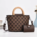 Brown geometric pattern tote bag with wooden handles and matching small coin purse - Brown Jigsaw Geometric Cross Pattern (Style 6)