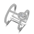 Detailed close-up of a double-layer crossover silver ring featuring marquise-cut zircon - Silver