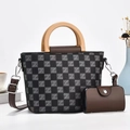 Women's plaid tote bag set with wooden handles and crossbody strap in black and grey - Black Grey Checkerboard Letter Print (Style 1)