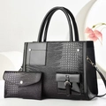 Three-piece black lizard texture faux leather tote bag with matching envelope wallet and strap - Black
