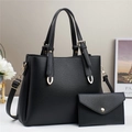 Litchi pattern black leather tote set with gold hardware and matching clutch bag - Black