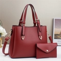 Burgundy litchi texture tote bag set with matching envelope clutch and gold chain - Red