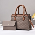 Brown geometric patterned tote and envelope clutch set with smooth leather handles - Khaki