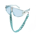 Light blue oversized square sunglasses with matching chunky plastic chain and gold accents - Blue