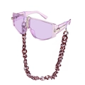 Fashionable oversized purple sunglasses with semi-transparent frames and amber chain strap - Purple